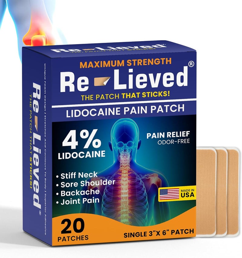 Relieved 4% Lidocaine Patches Maximum Strength - Aluminum-Free, Water Resistant and USA Made -Superior Sticking Pain Relief Patches Quickly Relieves Back, Joints and Muscle Pain-3x6 Inches (20 Count) - Image 1